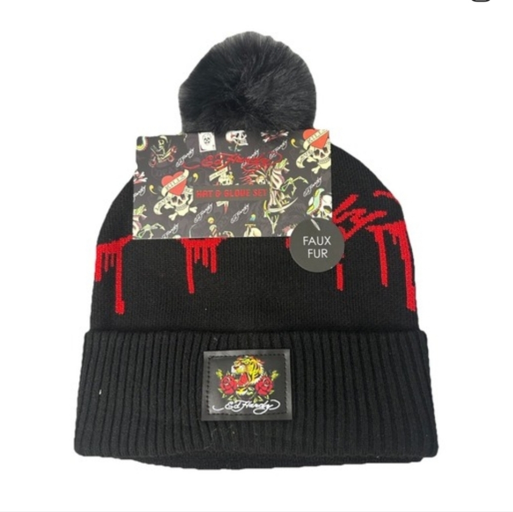 Ed Hardy 2pack Black Knit Beanie with Red Accent and Faux Fur Pom